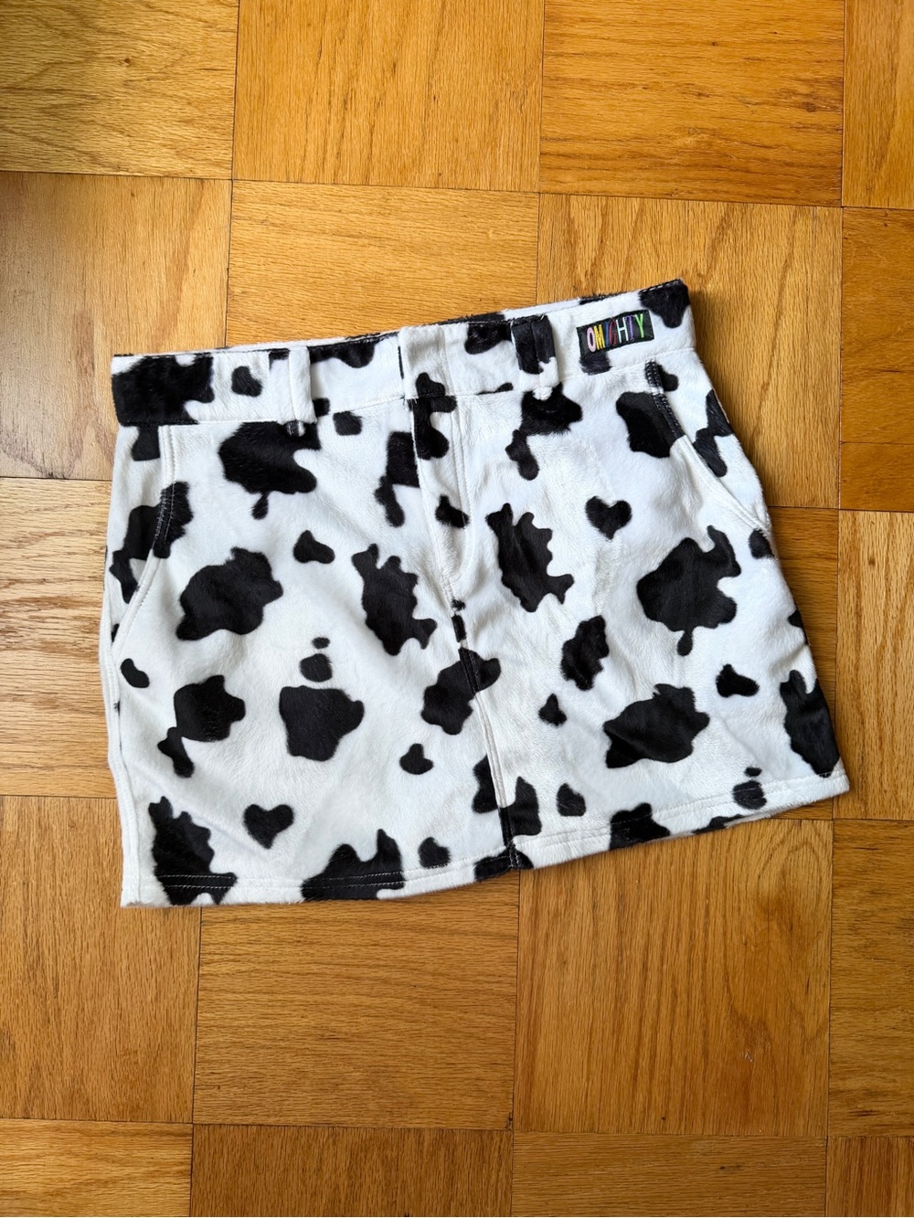 O’Mighty fuzzy cotton cow print mini skirt